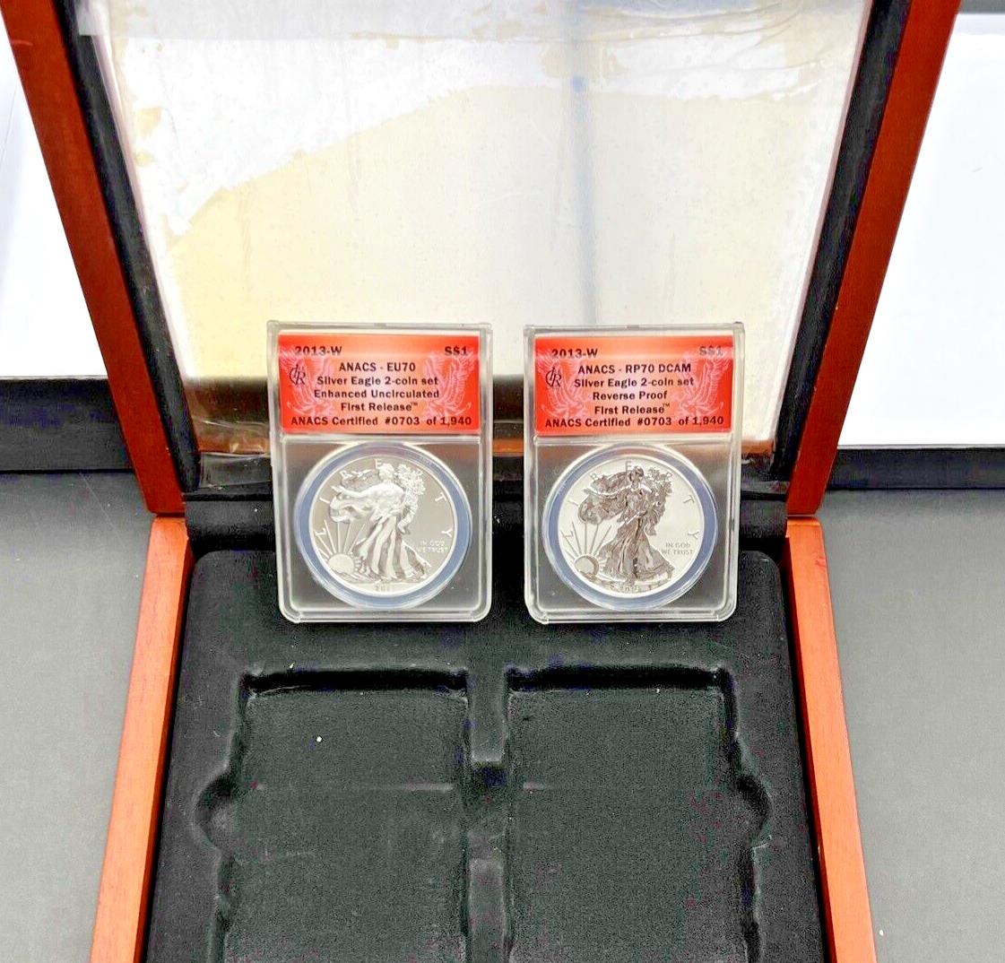 2013 W 2 Coin Silver American Eagle West Point Set ANACS EU70 RP70 Enhanced & RP