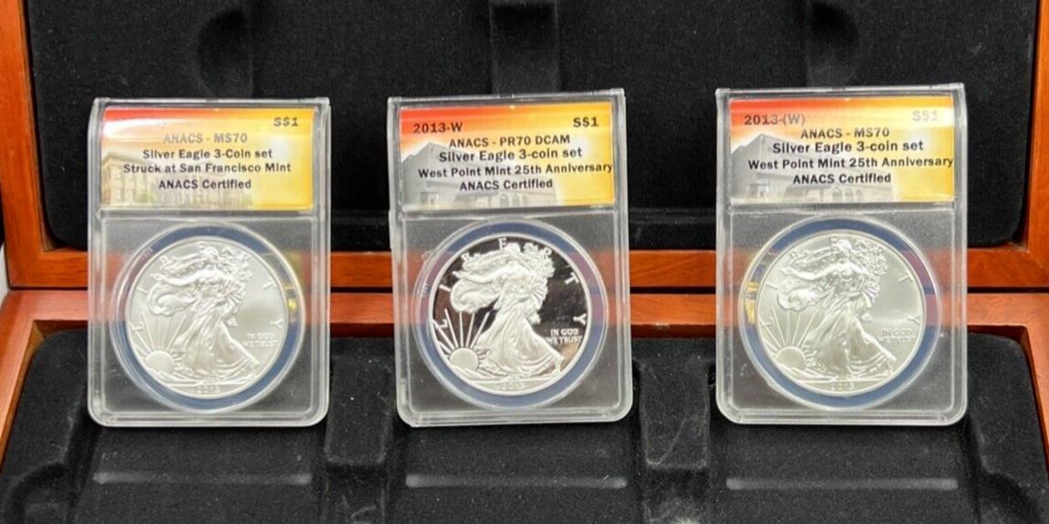 2013 3 Coin ASE 1 oz American Silver Eagle Set ANACS MS70 MS & Proof PR70 w/ box