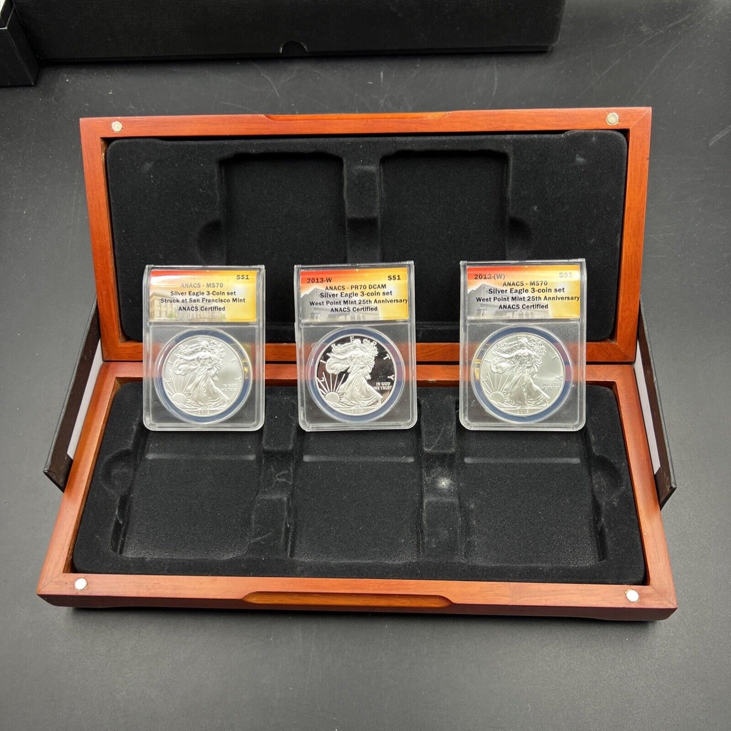 2013 3 Coin ASE 1 oz American Silver Eagle Set ANACS MS70 MS & Proof PR70 w/ box
