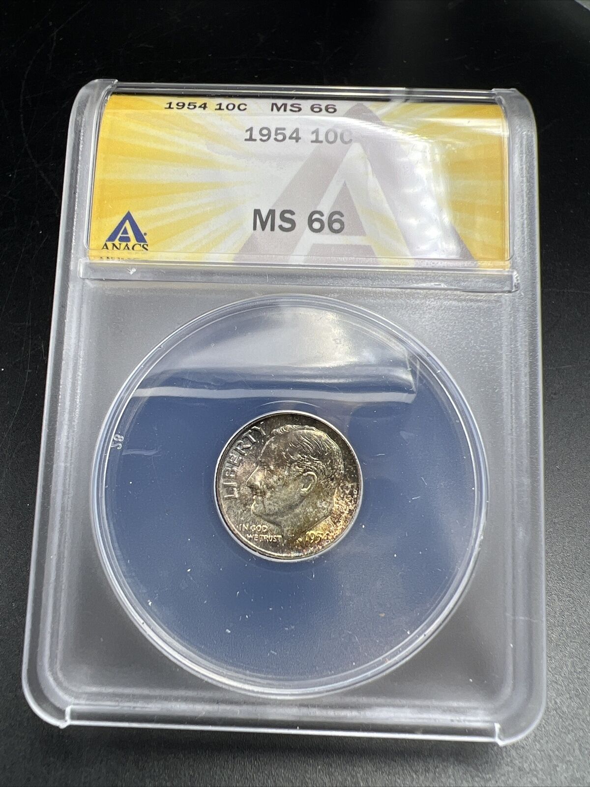 1954 P 10c Roosevelt Silver Dime coin MS66 ANACS GEM BU PQ Toning Toner