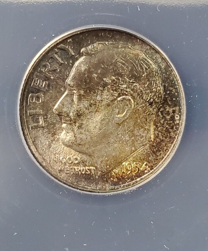 1954 P 10c Roosevelt Silver Dime coin MS66 ANACS GEM BU PQ Toning Toner