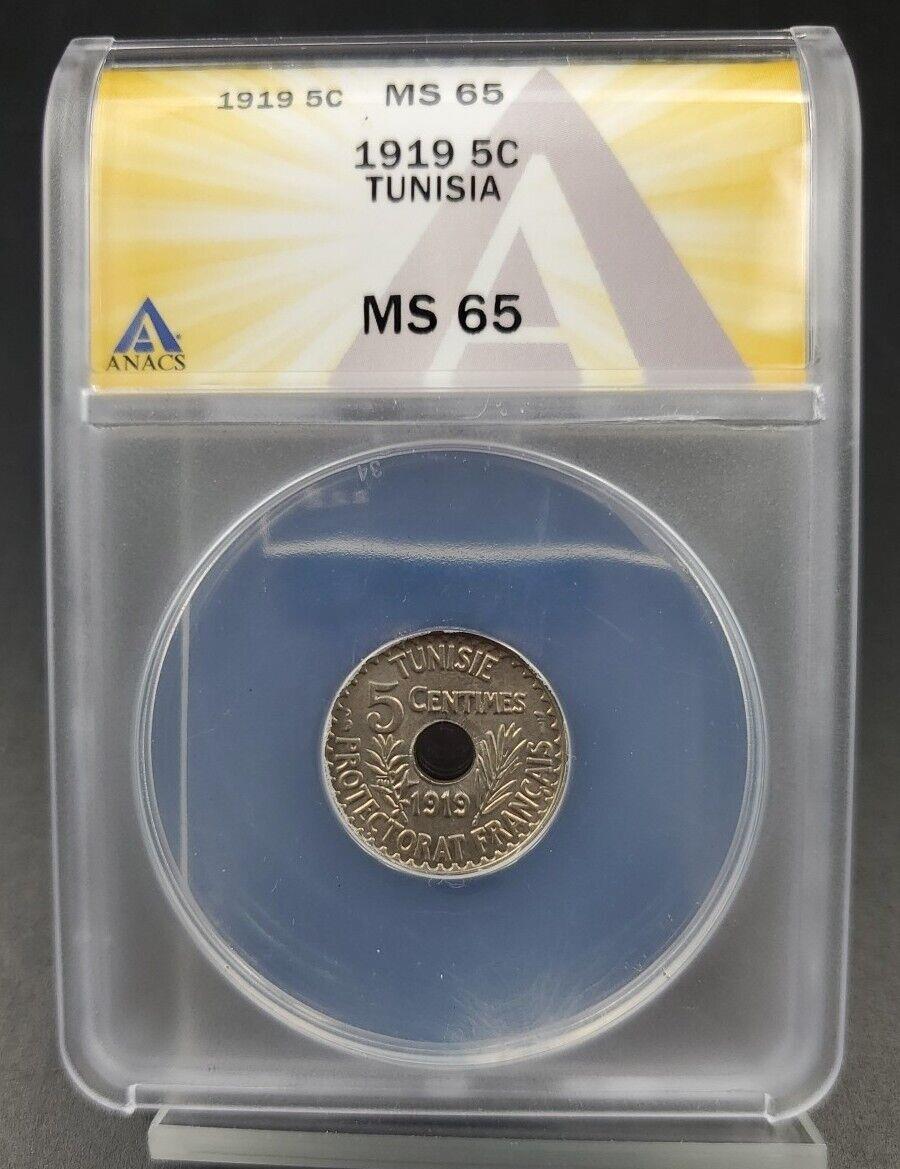 1919 a Tunisia Muhammad al-Nasir Bey 5 Centimes 5c ANACS MS65 KM 242 Gem BU