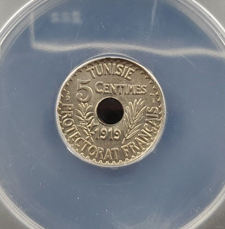 1919 a Tunisia Muhammad al-Nasir Bey 5 Centimes 5c ANACS MS65 KM 242 Gem BU