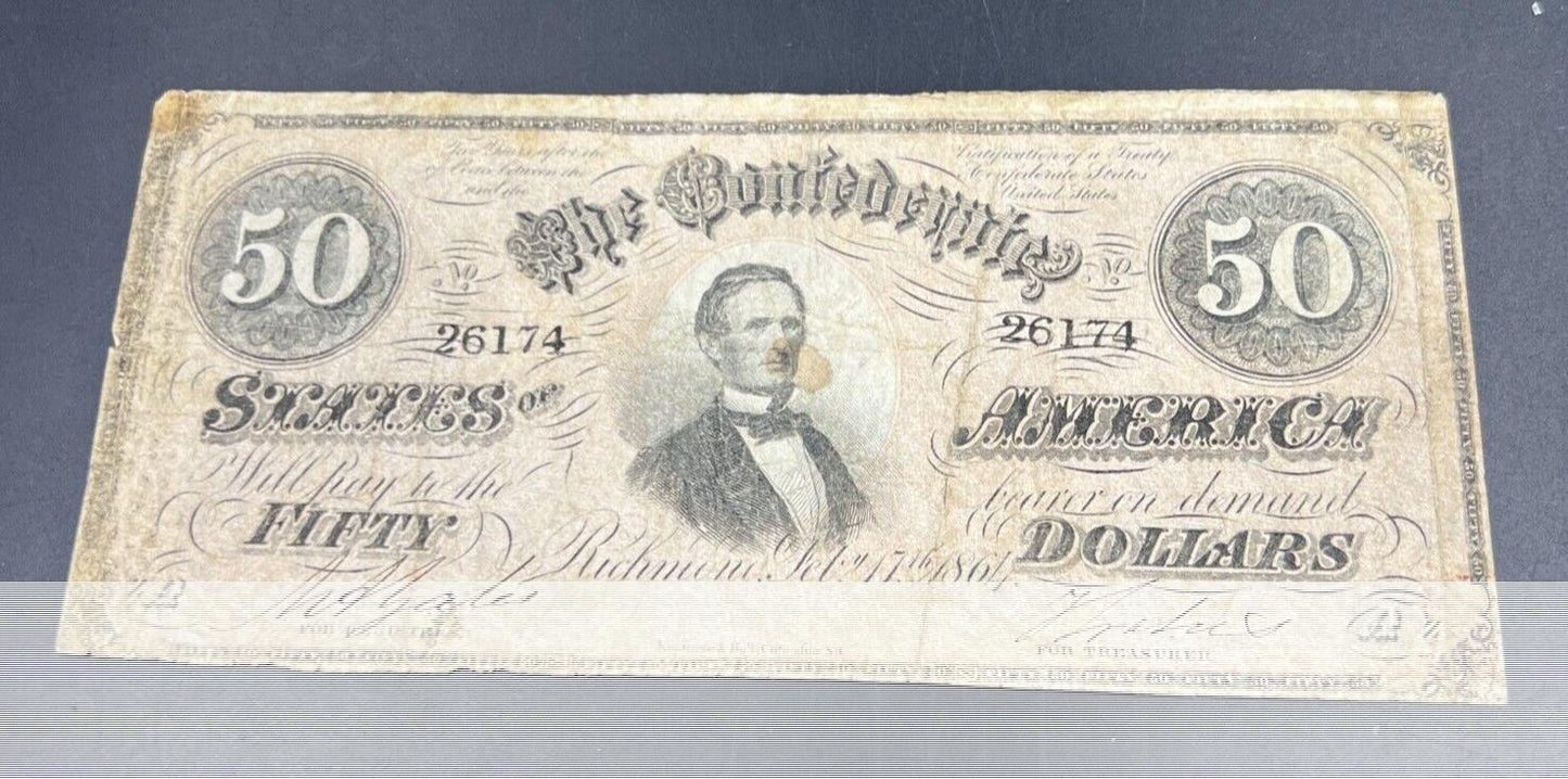 T-66 1864 $50 Confederate CSA Note Civil War Obsolete Currency Bill CH VG Circ