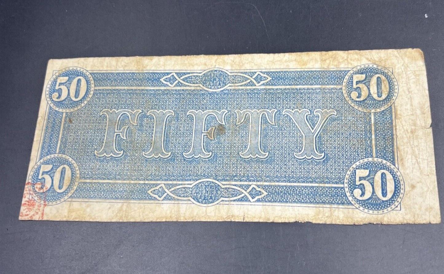 T-66 1864 $50 Confederate CSA Note Civil War Obsolete Currency Bill CH VG Circ