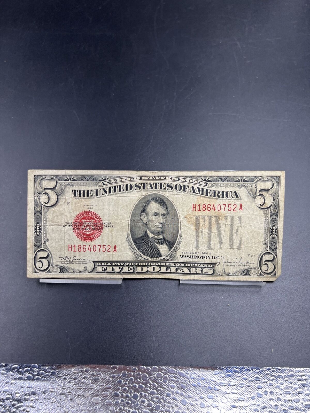 1928 E $5 Five Dollar United States Red Seal Choice VG Very Good Circ #752