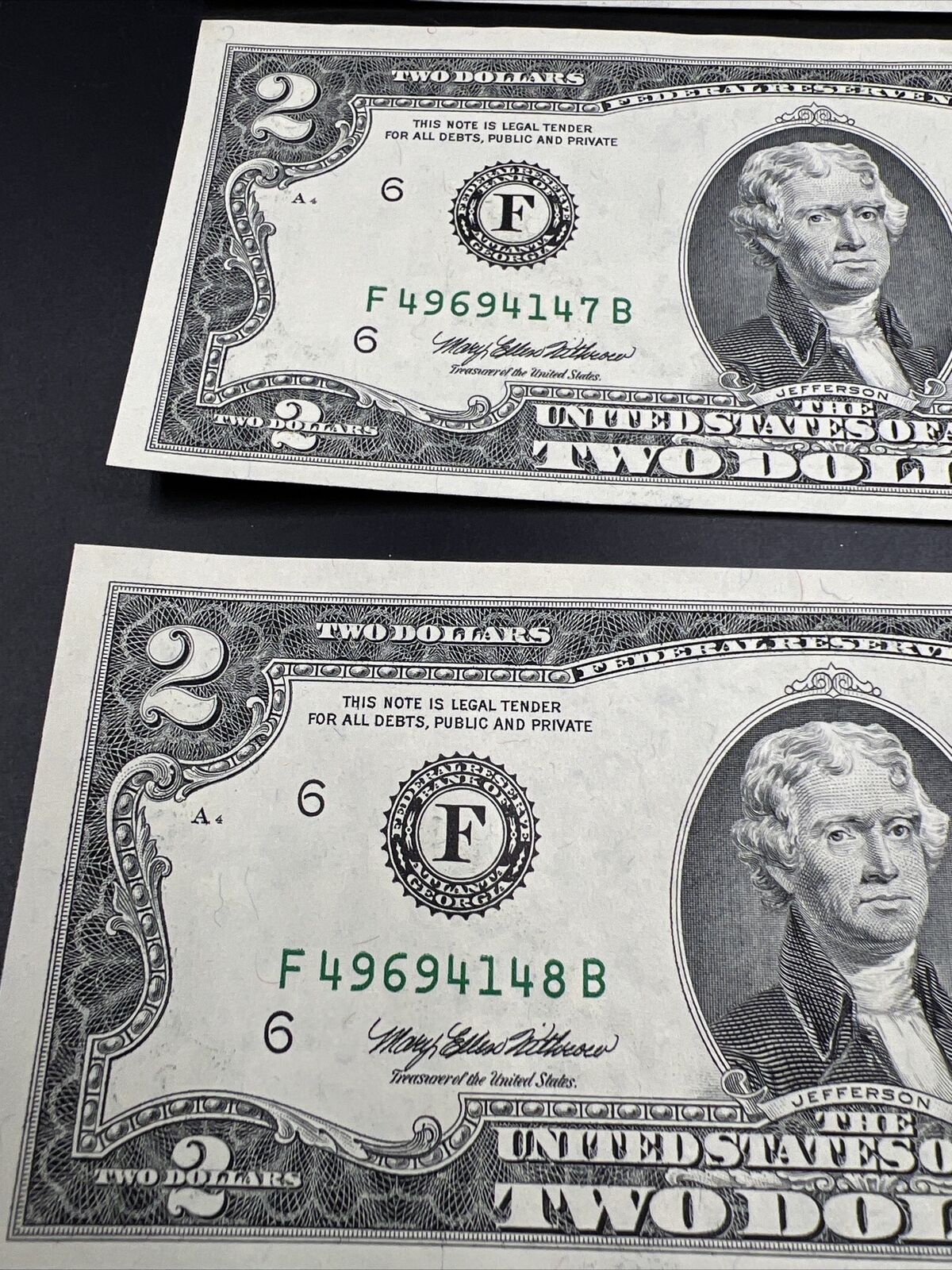 4 Consecutive 1995 $2 Two Dollar FRN Note Bills Choice UNC US Currency Banknotes