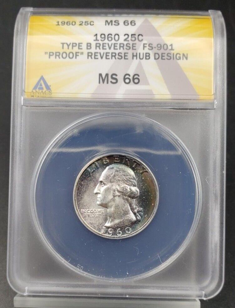 1960 P Washington Quarter 25c ANACS MS66 Type B Proof die Reverse FS-901 Variety