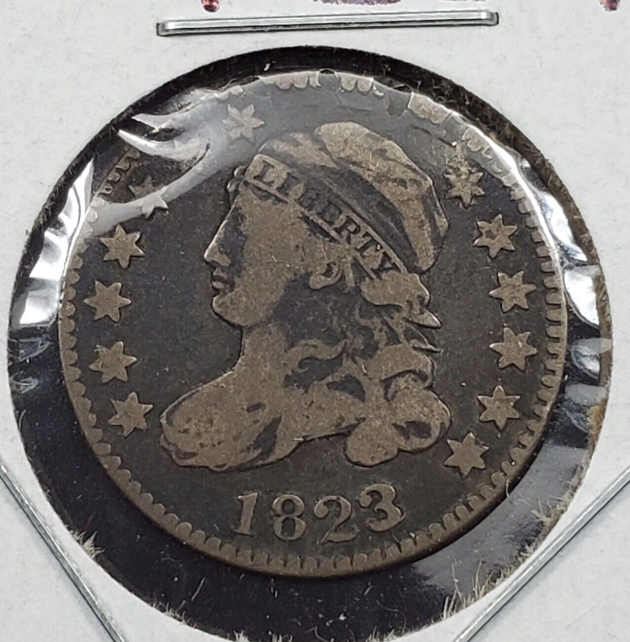 1823/2 10c Capped Bust Silver Dime Coin Fine Details Circ Rim damage