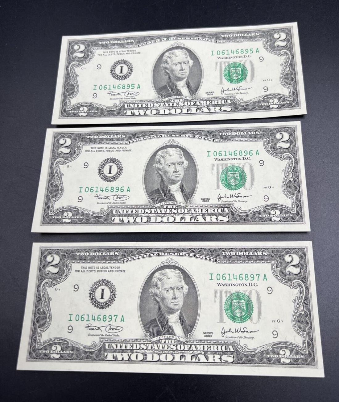 3 Consecutive 2003 2 Two Dollar Bills Federal Reserve Notes CH Choice