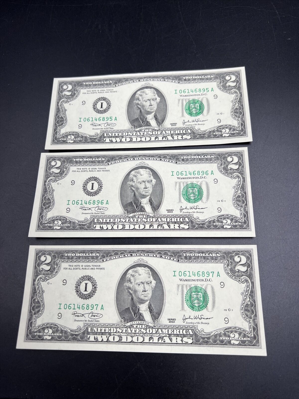 3 Consecutive 2003 $2 Two Dollar Bills Federal Reserve Notes CH Choice UNC