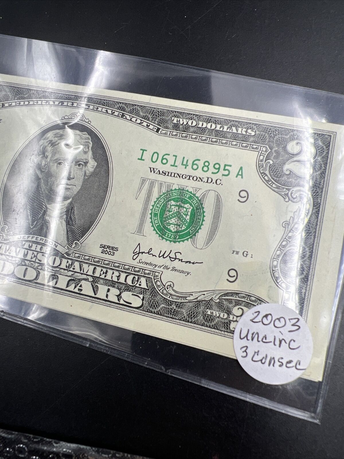 3 Consecutive 2003 $2 Two Dollar Bills Federal Reserve Notes CH Choice UNC