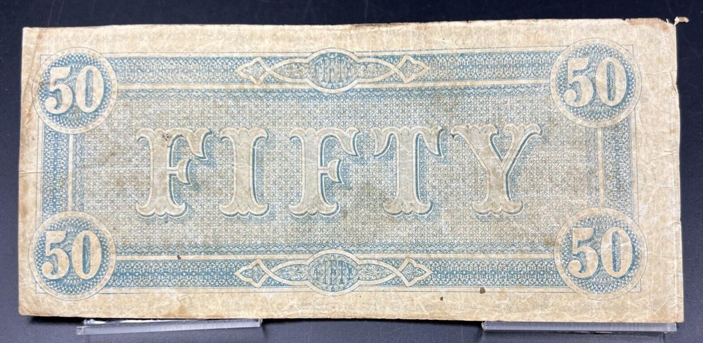 T-66 1864 $50 Confederate CSA Note Civil War Obsolete Currency Bill CH VG / Fine