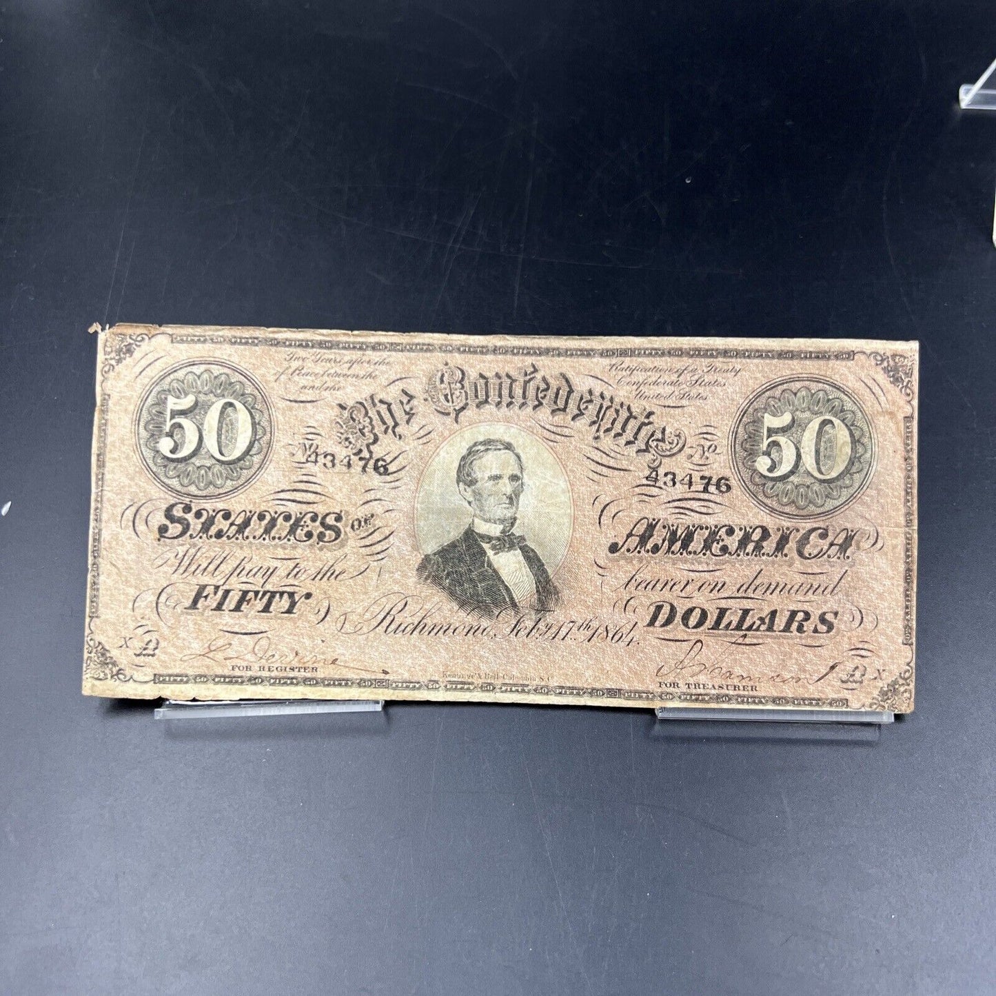 T-66 1864 $50 Confederate CSA Note Civil War Obsolete Currency Bill CH VG / Fine