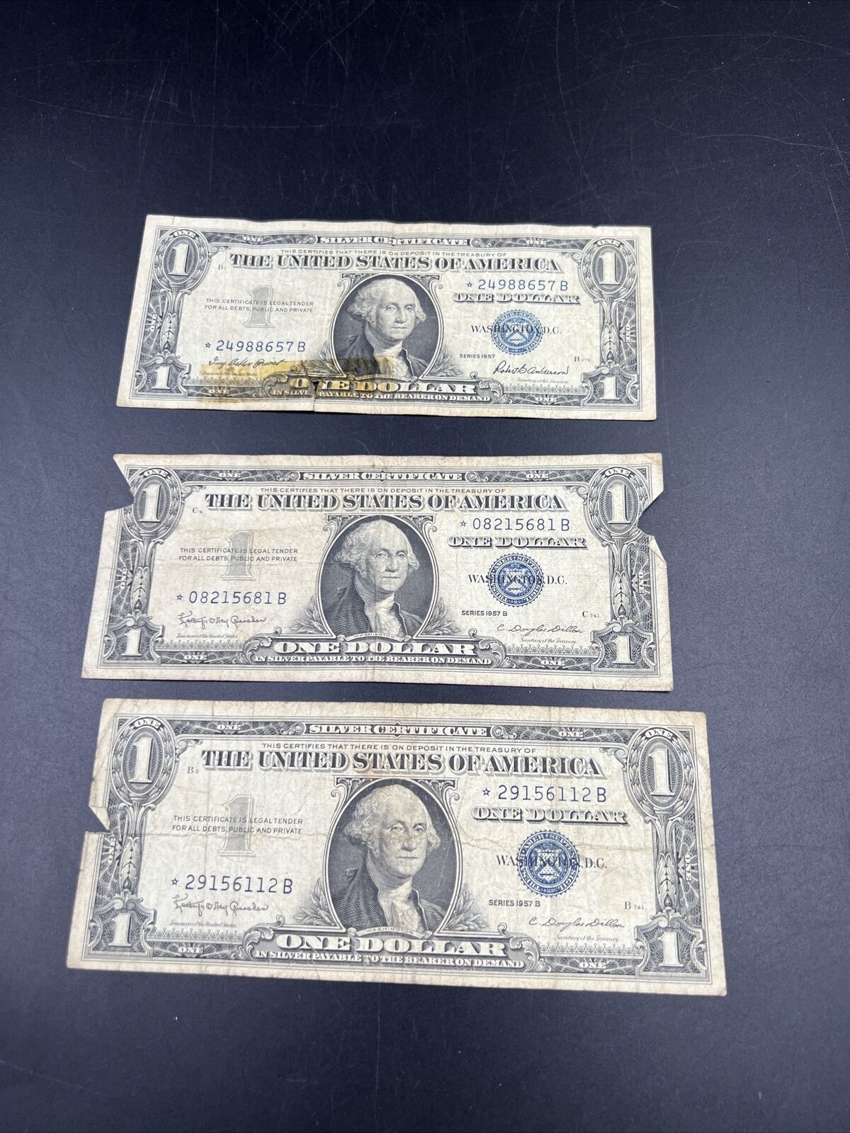 Lot of 3 1957 $1 Silver Certificate Blue Seal Star Notes CULL Circ Neat Serial #