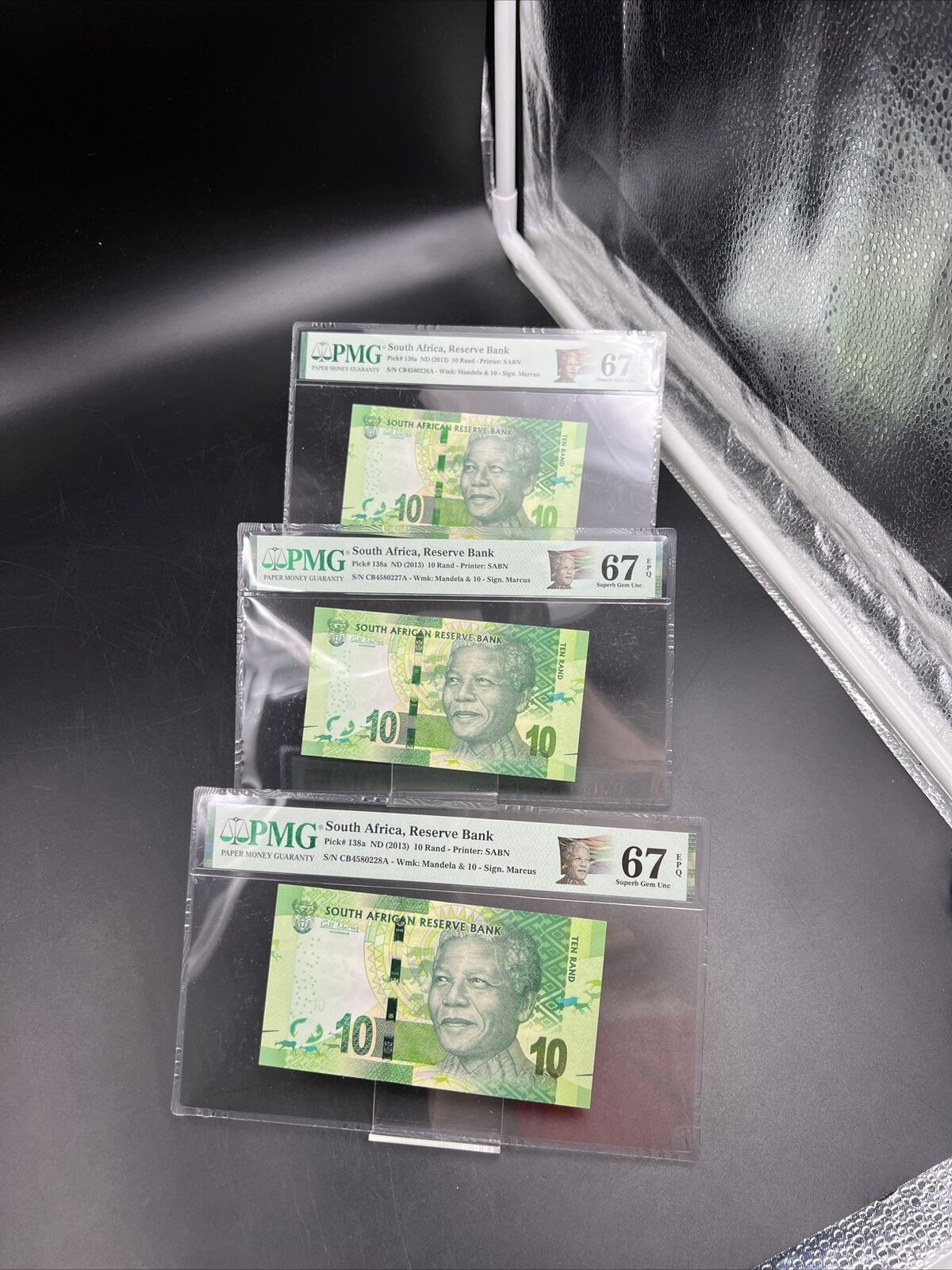 3 Consecutive Bills 2013 10R South Africa Nelson Mandela 10 Rand Note PMG 67 EPQ