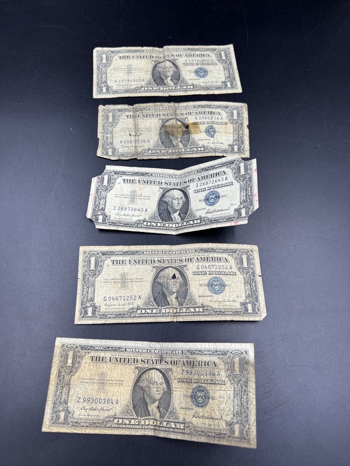 Lot of 5 1957 $1 Silver Certificate Blue Seal Notes Very Cull Very Circ #384