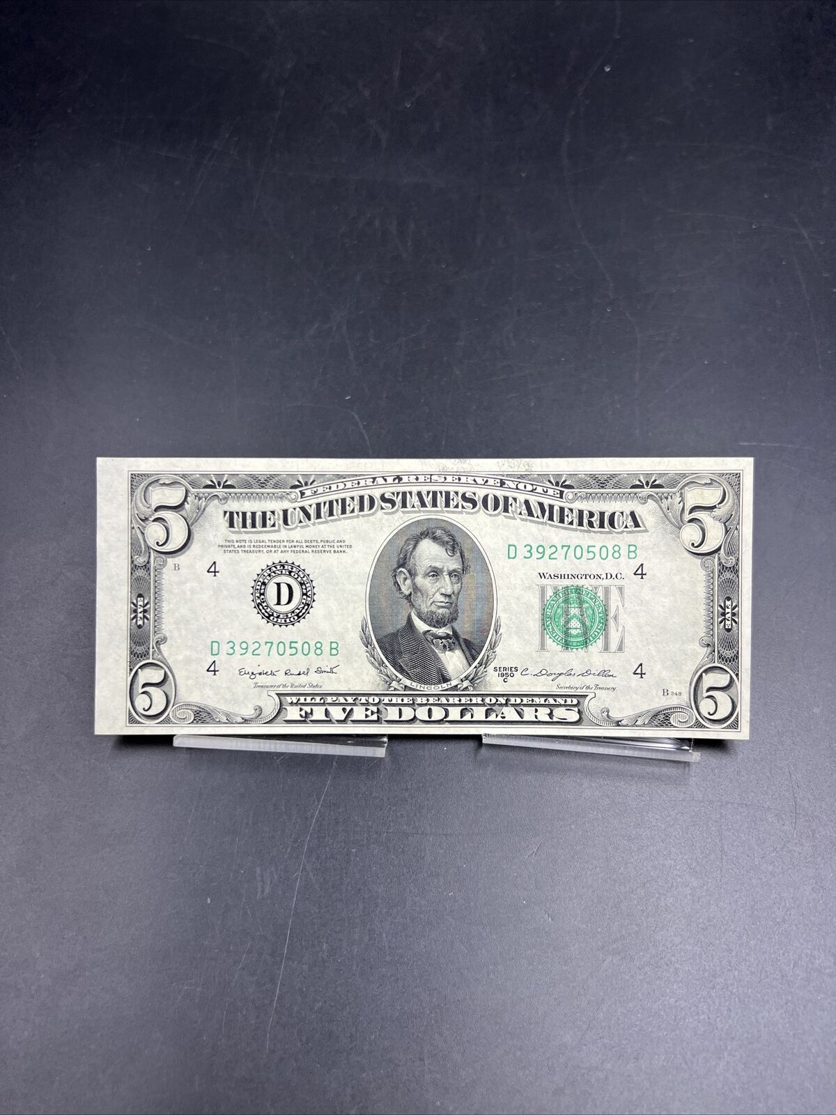 1950 C $5 Five Dollar FRN Federal Reserve Note Bill CU UNC Slight Off Center #08