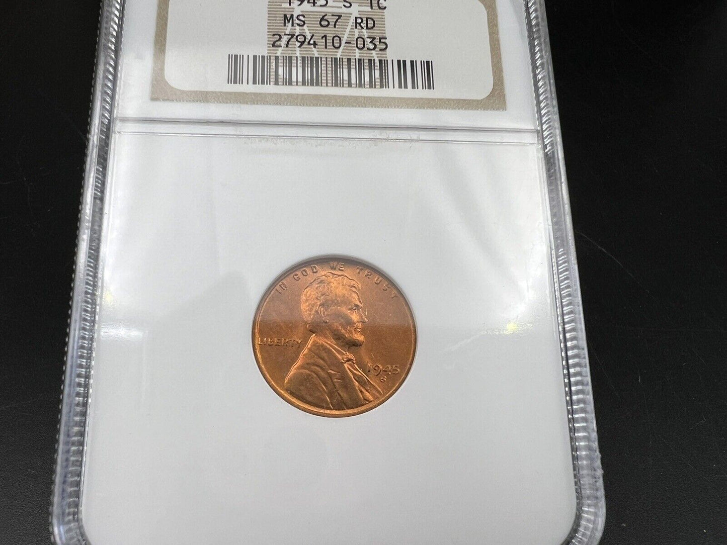 1945 S 1c Lincoln Wheat Cent Penny Coin NGC MS67 RD Gem BU Certified #035