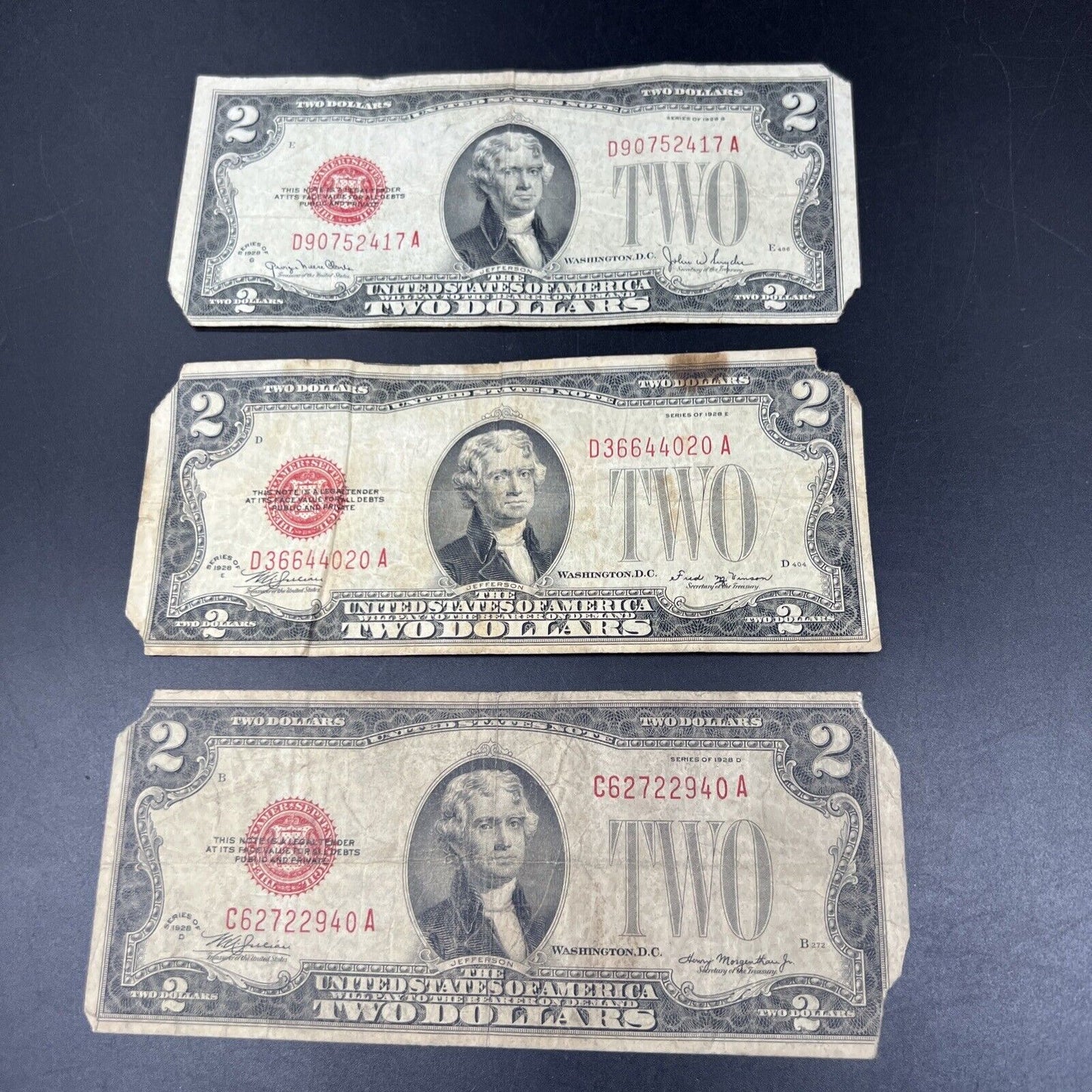 Lot of 3 1928 $2 Red Seal Legal Tender Note Bills Cull Neat Serial #s