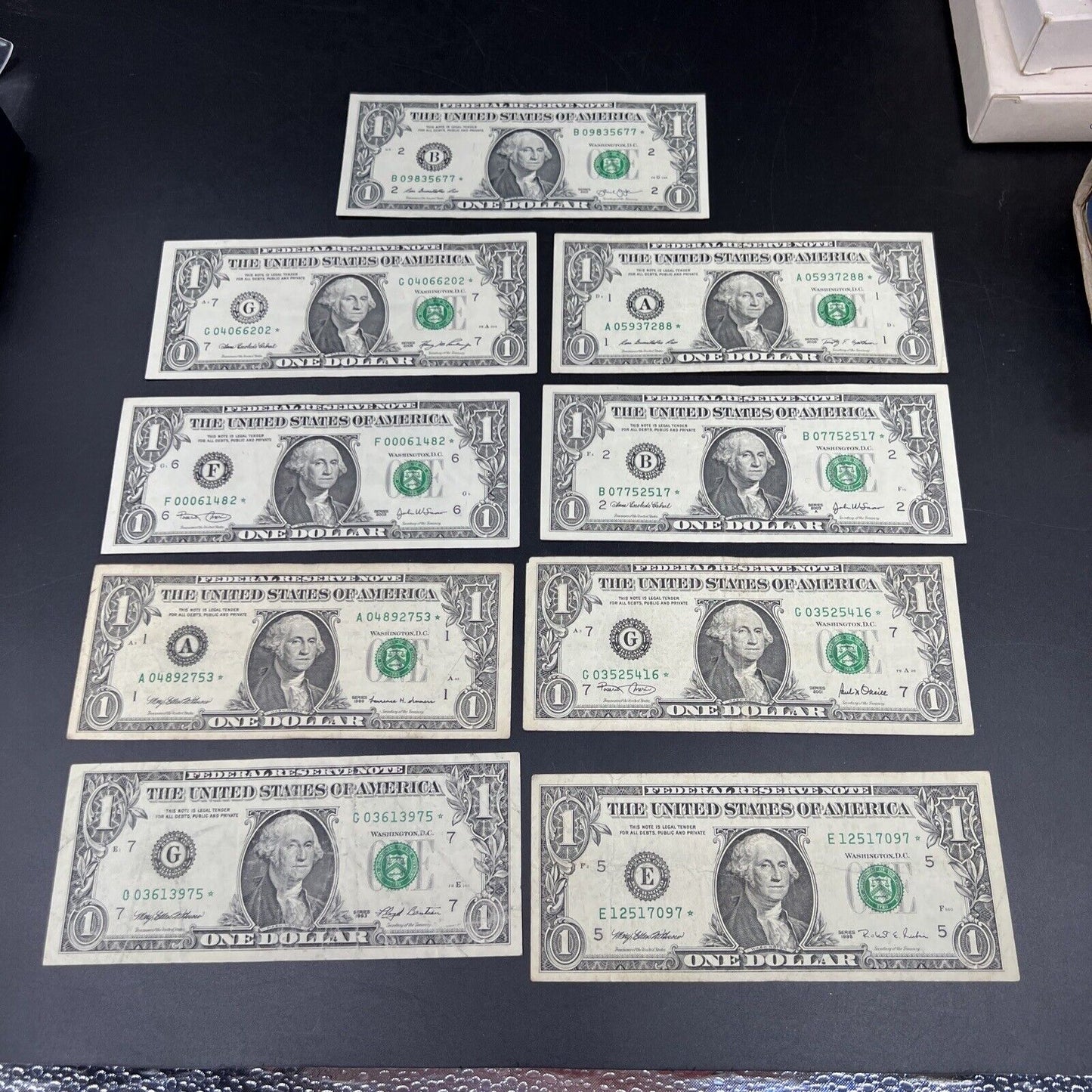 Lot of 9 Different * Star Note Federal Reserve $1 one Bills 1993 - 2013 Circ #1
