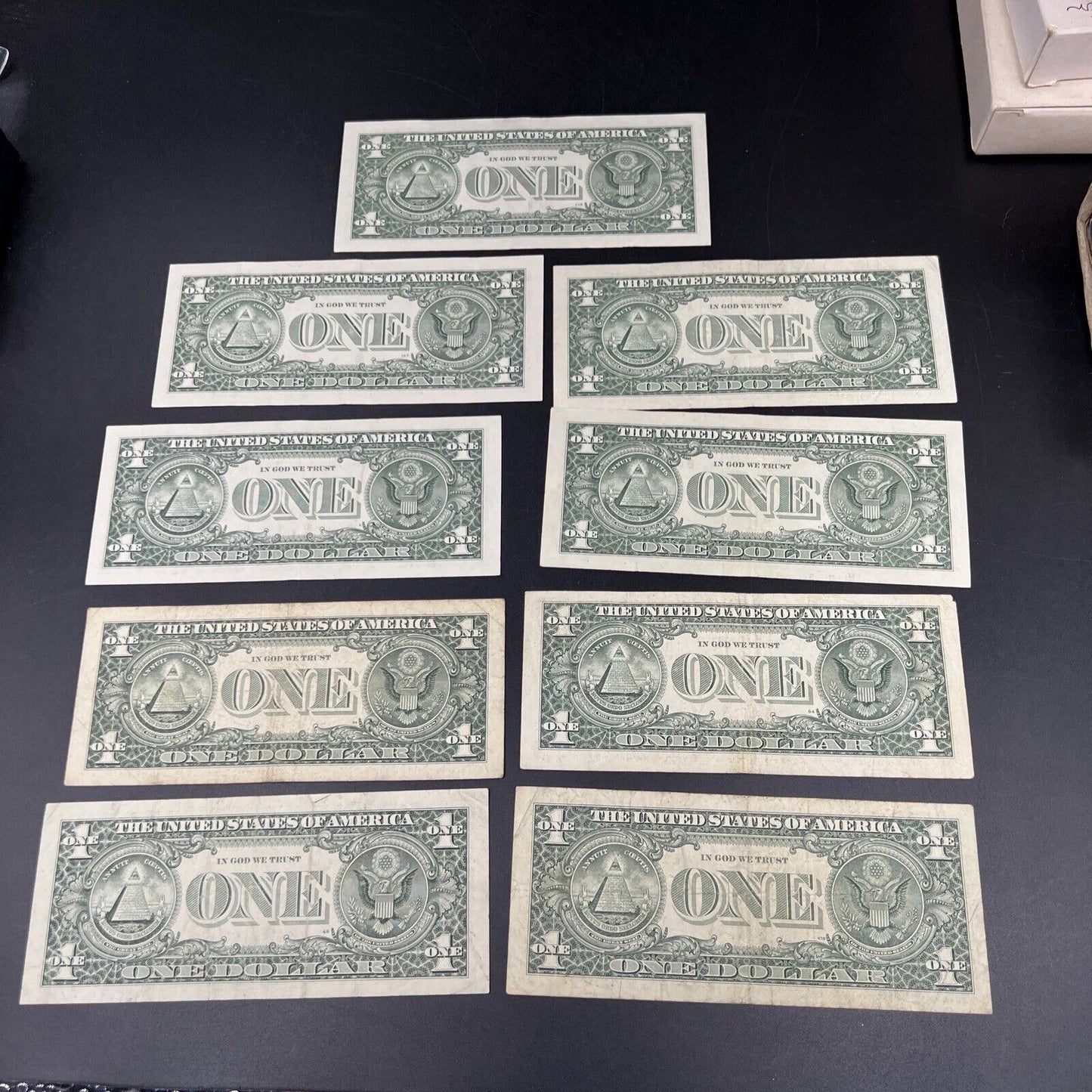 Lot of 9 Different * Star Note Federal Reserve $1 one Bills 1993 - 2013 Circ #1