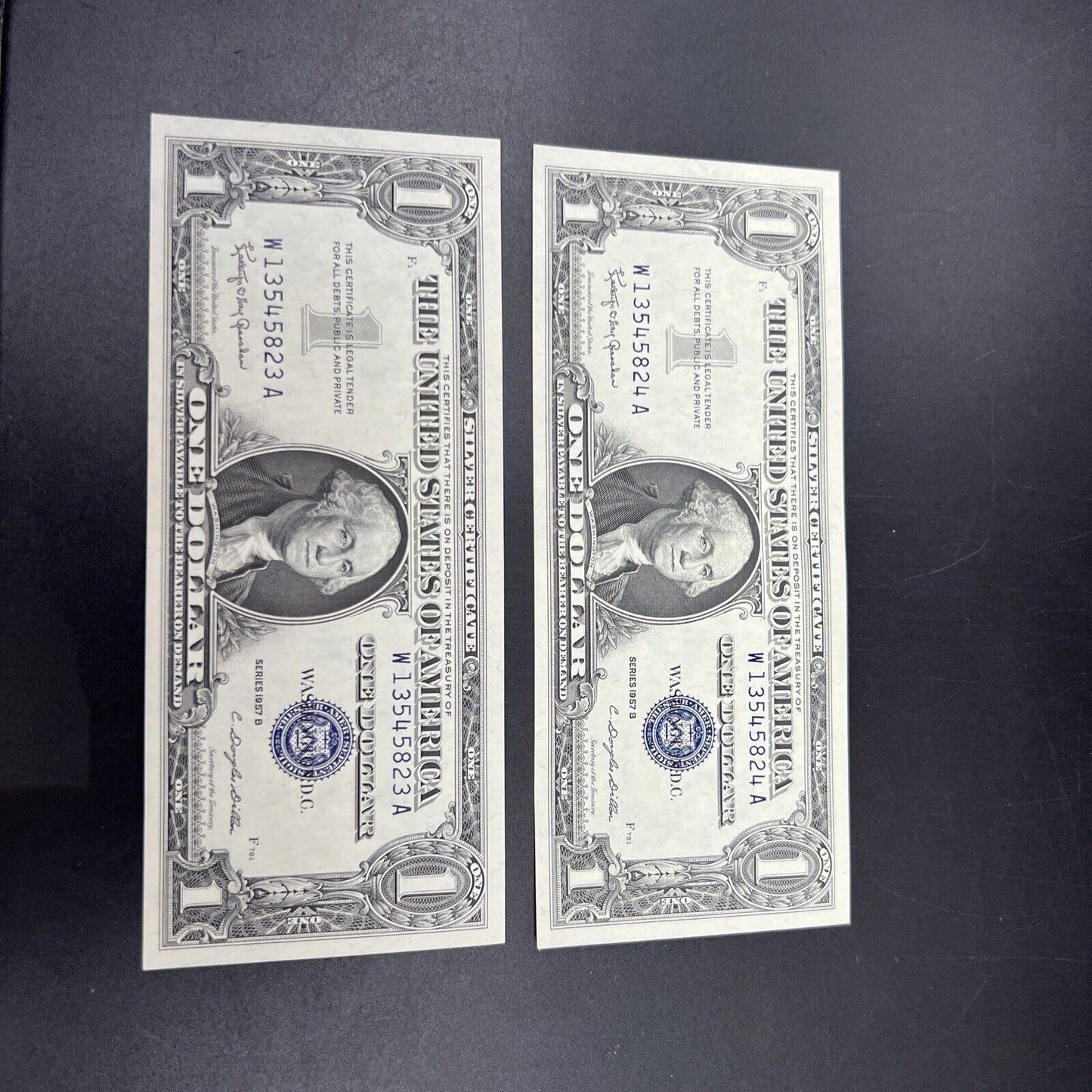 2 Consecutive 1957 B $1 Silver Certificate USA Note Bills Choice UNC Blue Seal