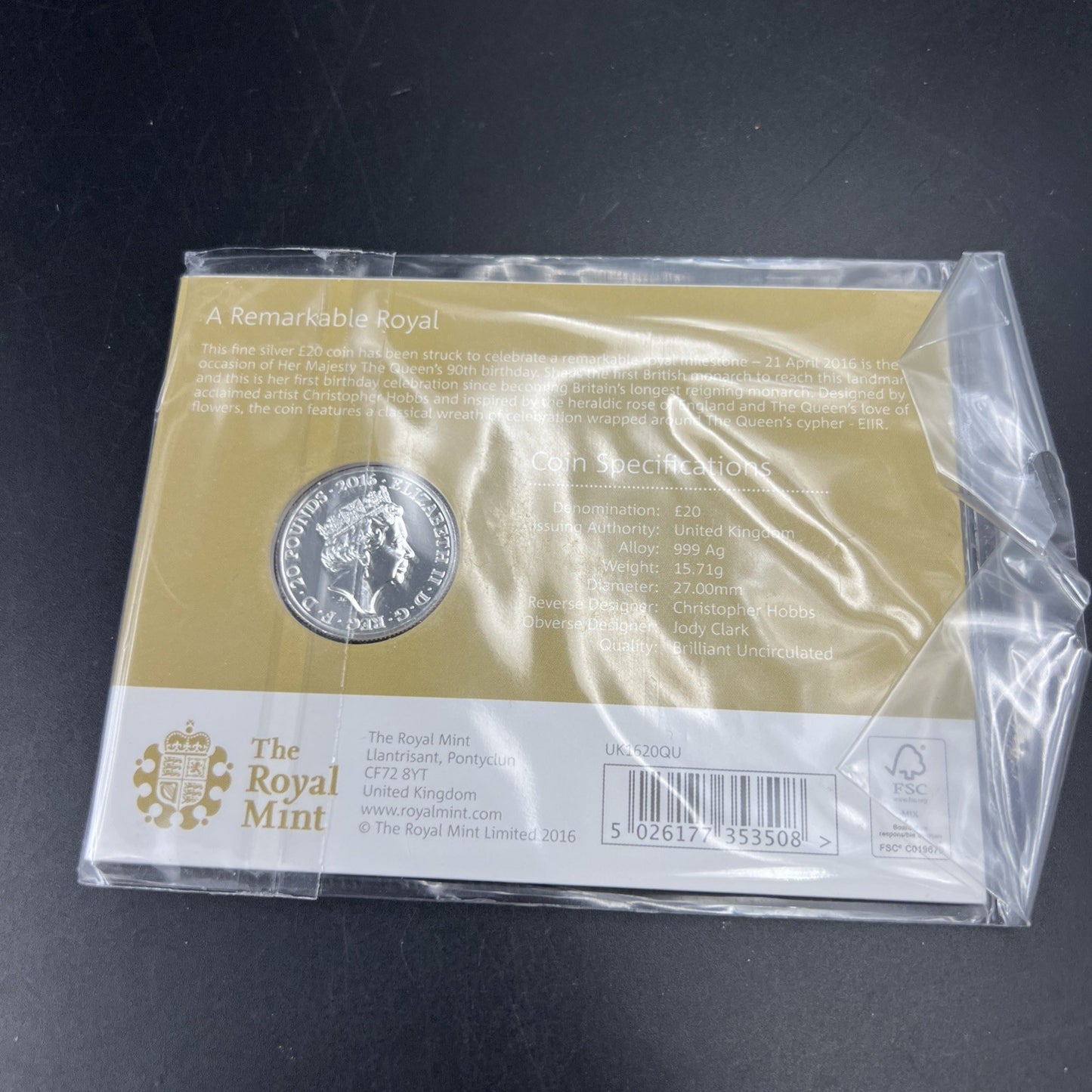2016 Royal Majesty Silver Coin United Kingdom Royal Mint £20 Gem UNC