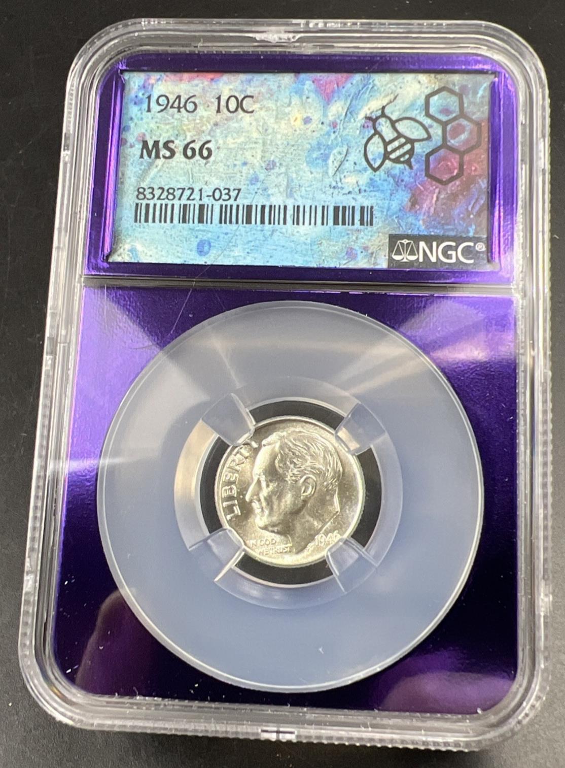 1946 P 10c Roosevelt Silver Dime Coin NGC Bee Label Holder MS66 Gem BU