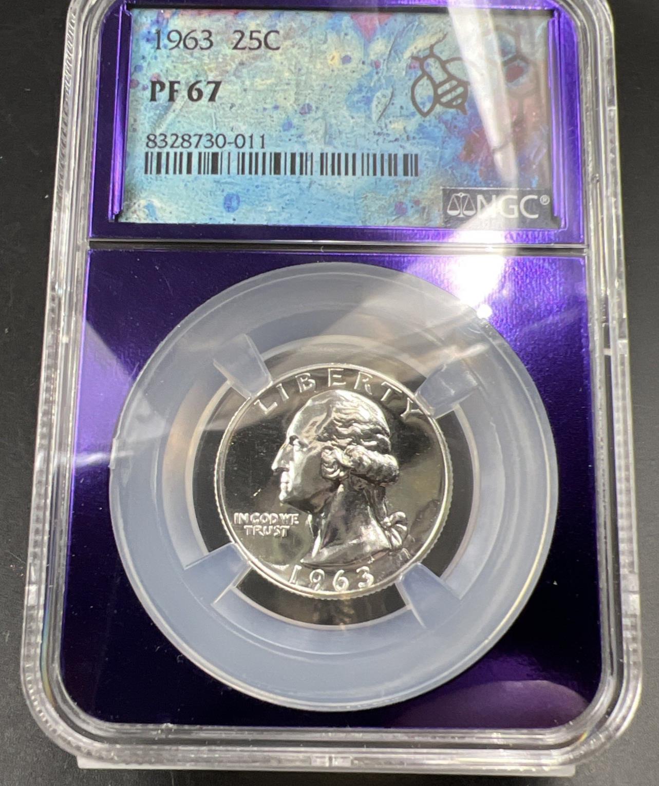 1963 P 25c Washington Silver Quarter Coin NGC PF67 Bee Label Holder