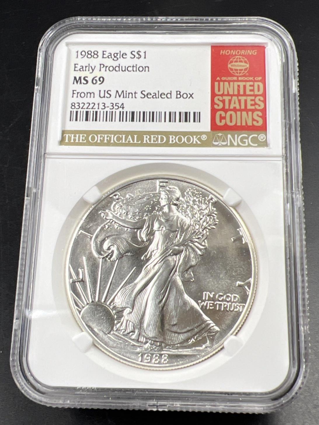 1988 1 Oz ASE American Silver Eagle NGC MS69 Red Book Label Early Production