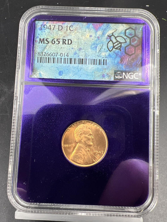 1947 D 1c Lincoln Wheat Cent Coin NGC MS65 Bee Label Gem BU RD Certified