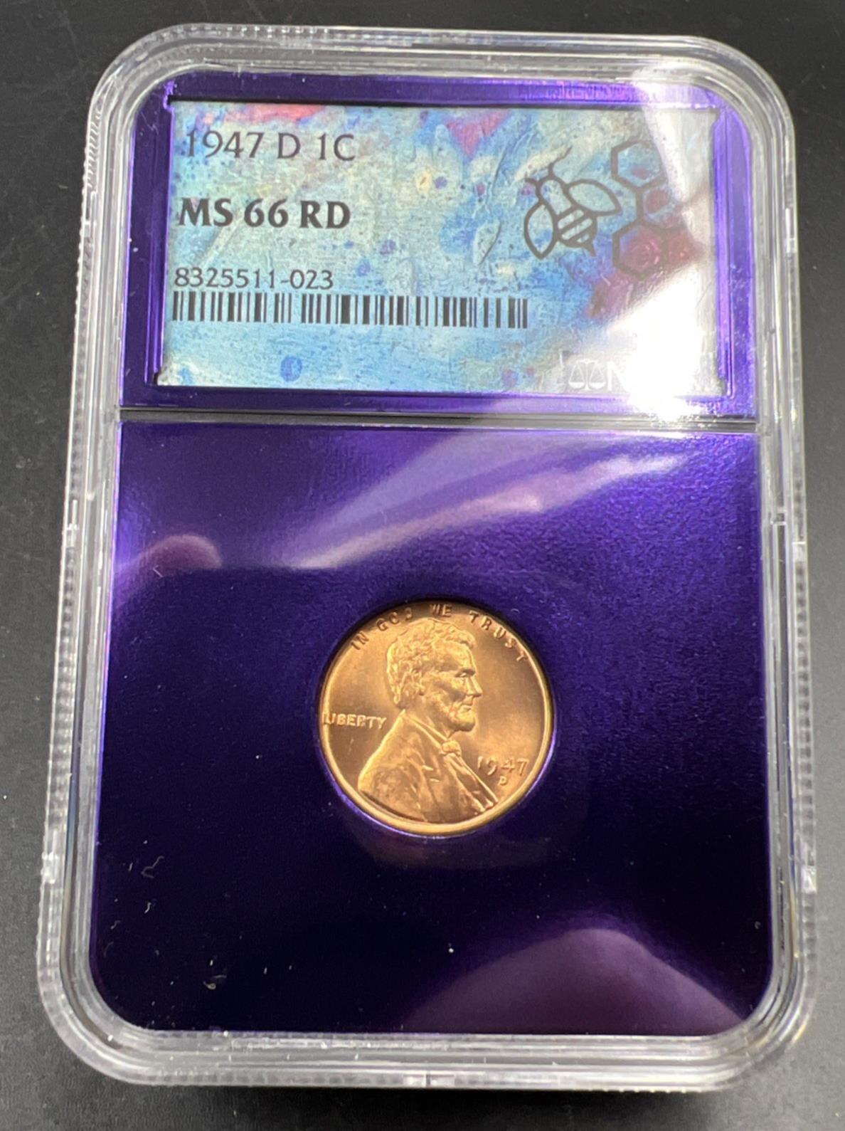 1947 D 1c Lincoln Wheat Cent Coin NGC MS66 Bee Label Gem BU RD Certified