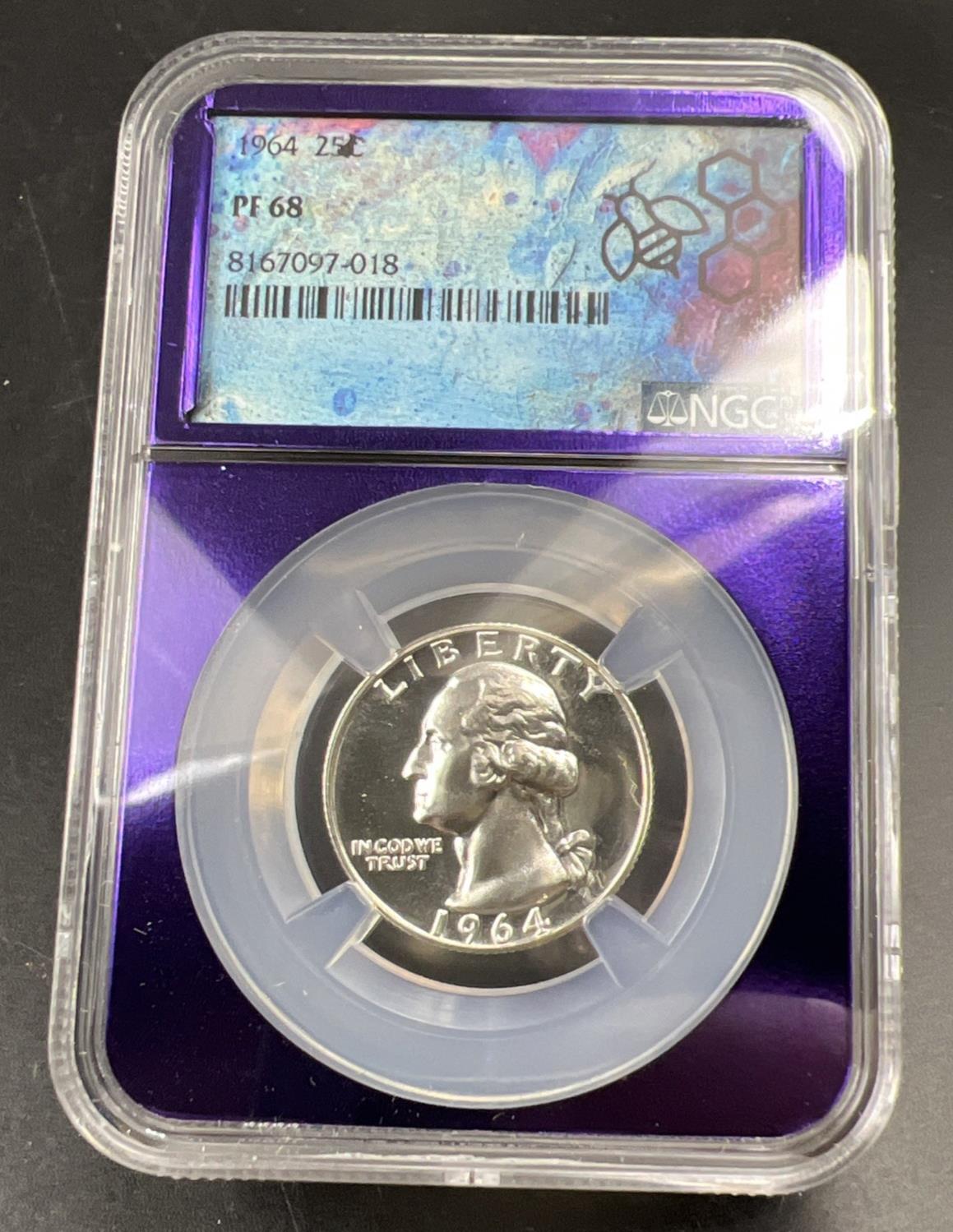 1964 P 25c Washington Silver Quarter Coin NGC PF68 Bee Label Holder