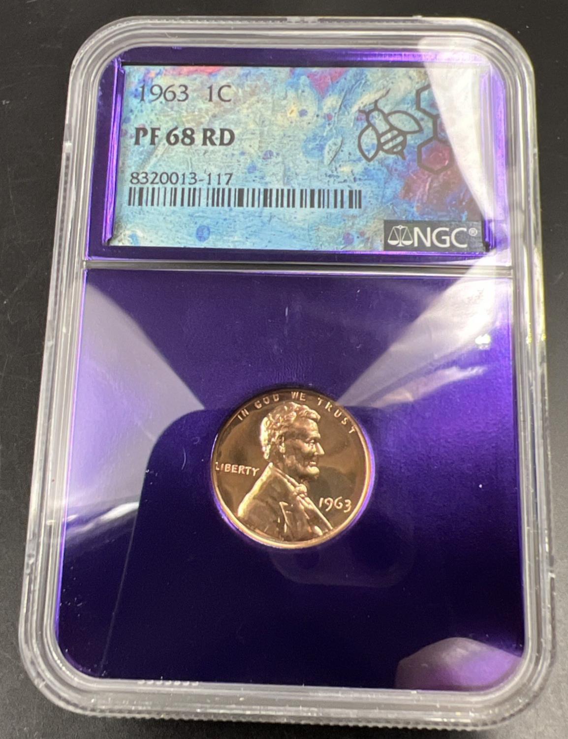 1963 1c PF68 RD NGC Bee Label Holder Lincoln Memorial Cent Gem Proof #117