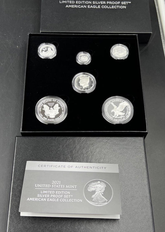 2021 6 Coin Limited Edition Silver Proof Set with Type 1 & 2 ASE Silver Eagles !