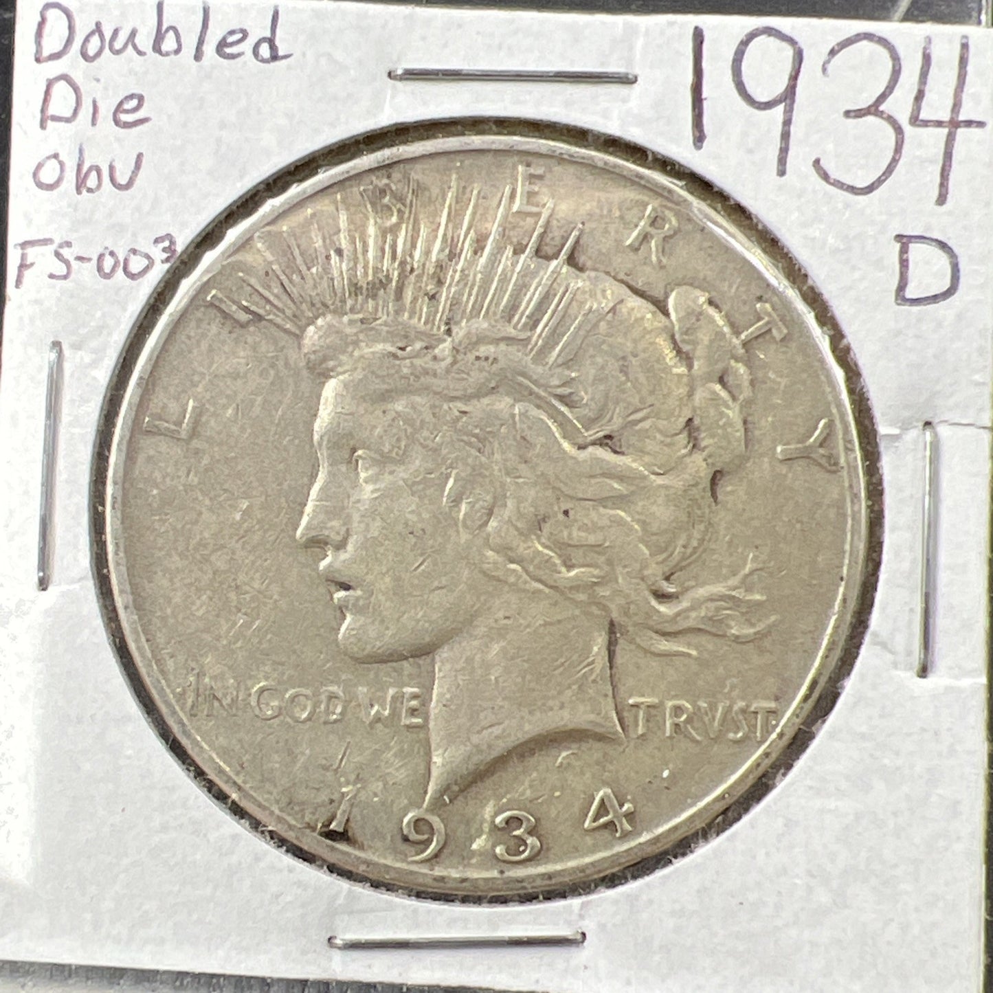 1934 D $1 Peace Silver Dollar Coin VAM 3 FS-003 Double Die OBV Medium D VF Circ