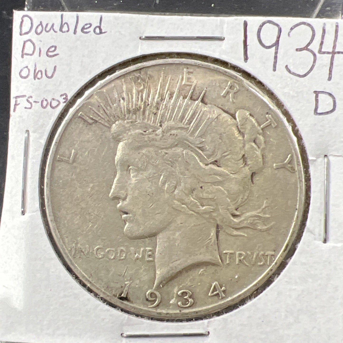 1934 D $1 Peace Silver Dollar Coin VAM 3 FS-003 Double Die OBV Medium D VF Circ