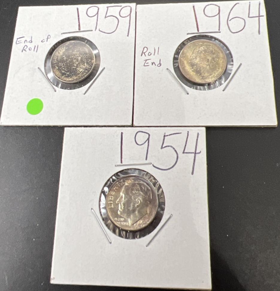 Toner Trio 3 PQ Rainbow toned 1954 1959 1964 Roosevelt Silver Dime Coins BU #33B