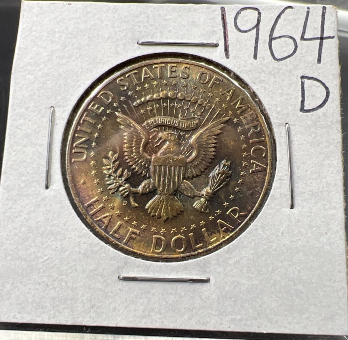 1964 D 50c Kennedy Half Dollar BU UNC Nice Toning Reverse