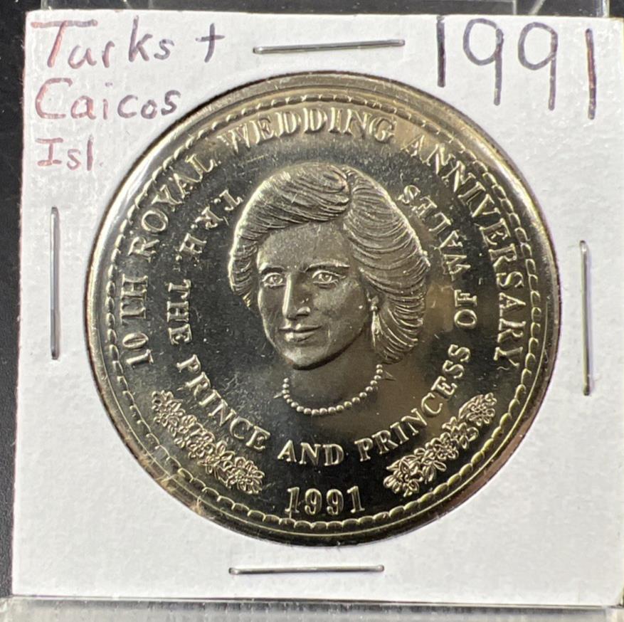 Turks Caicos 1 Crown 1991 Princess Diana Royal Anniversary Gem UNC Copper Nickel