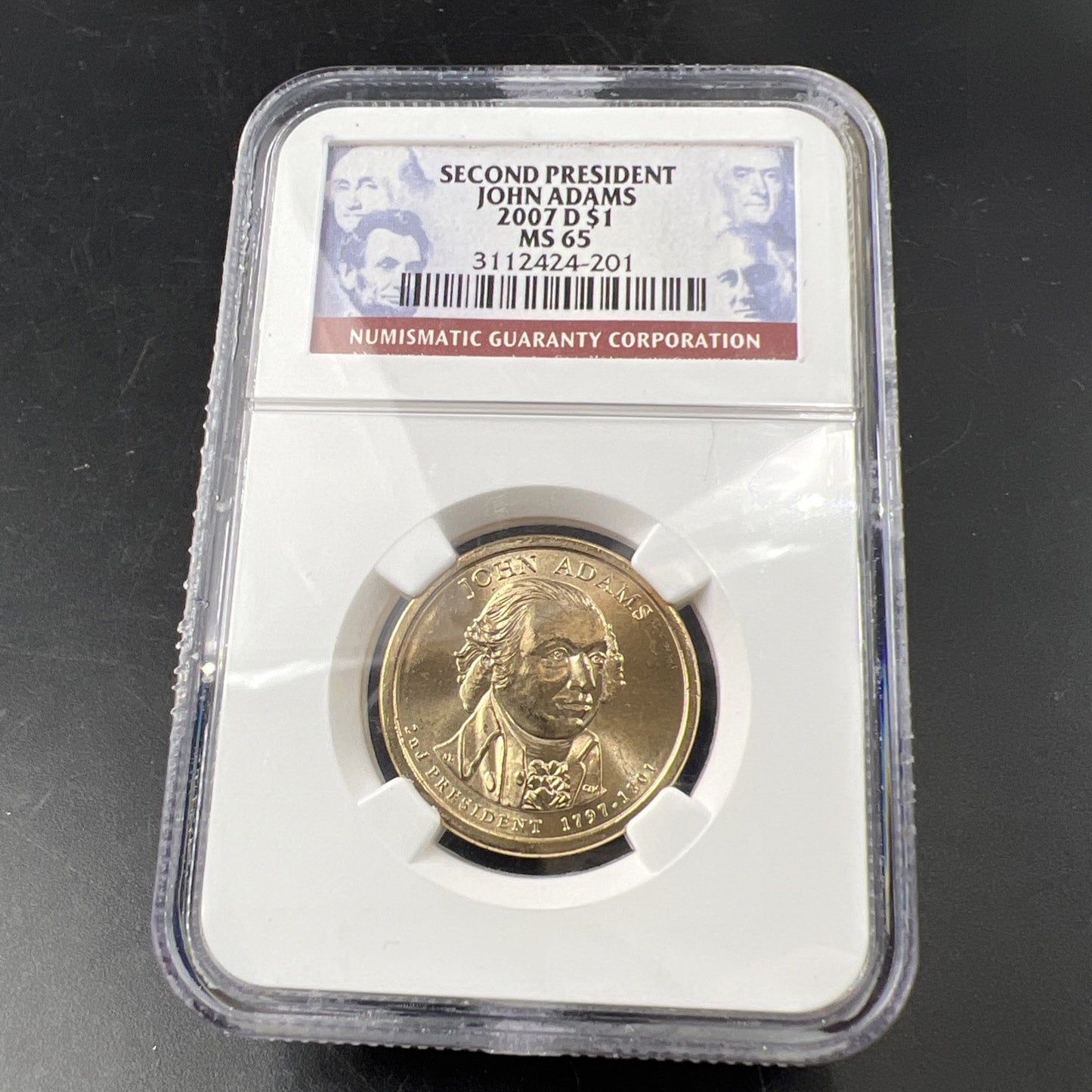 2007 D $1 John Adams Presidential Dollar NGC MS65 Gem BU Certified #201