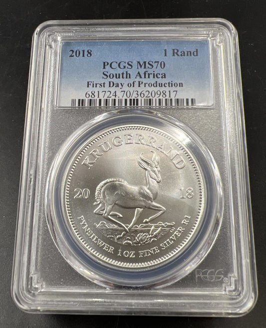 2018 South Africa 1 oz Silver Kruggerand Coin PCGS MS70 First Day of Production
