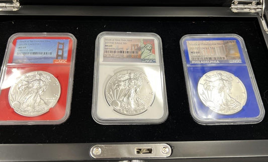 3 Coin 2017 W S P ASE Mint Mark Set 1 oz American Silver Eagle Coin NGC MS69