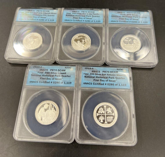 5 Coin 2019 S ATB America The Beautiful Silver Proof Quarter Set PR70 DCAM ANACS