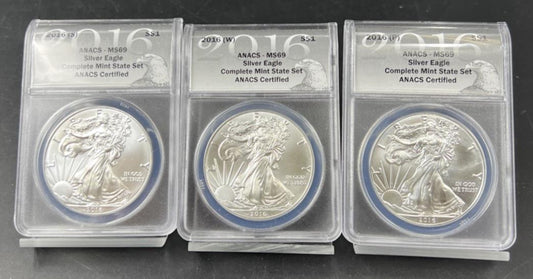 3 Coin 2016 W S P ASE Mint Mark Set 1 oz American Silver Eagle Coin ANACS MS69