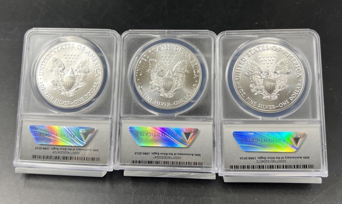 3 Coin 2016 W S P ASE Mint Mark Set 1 oz American Silver Eagle Coin ANACS MS69