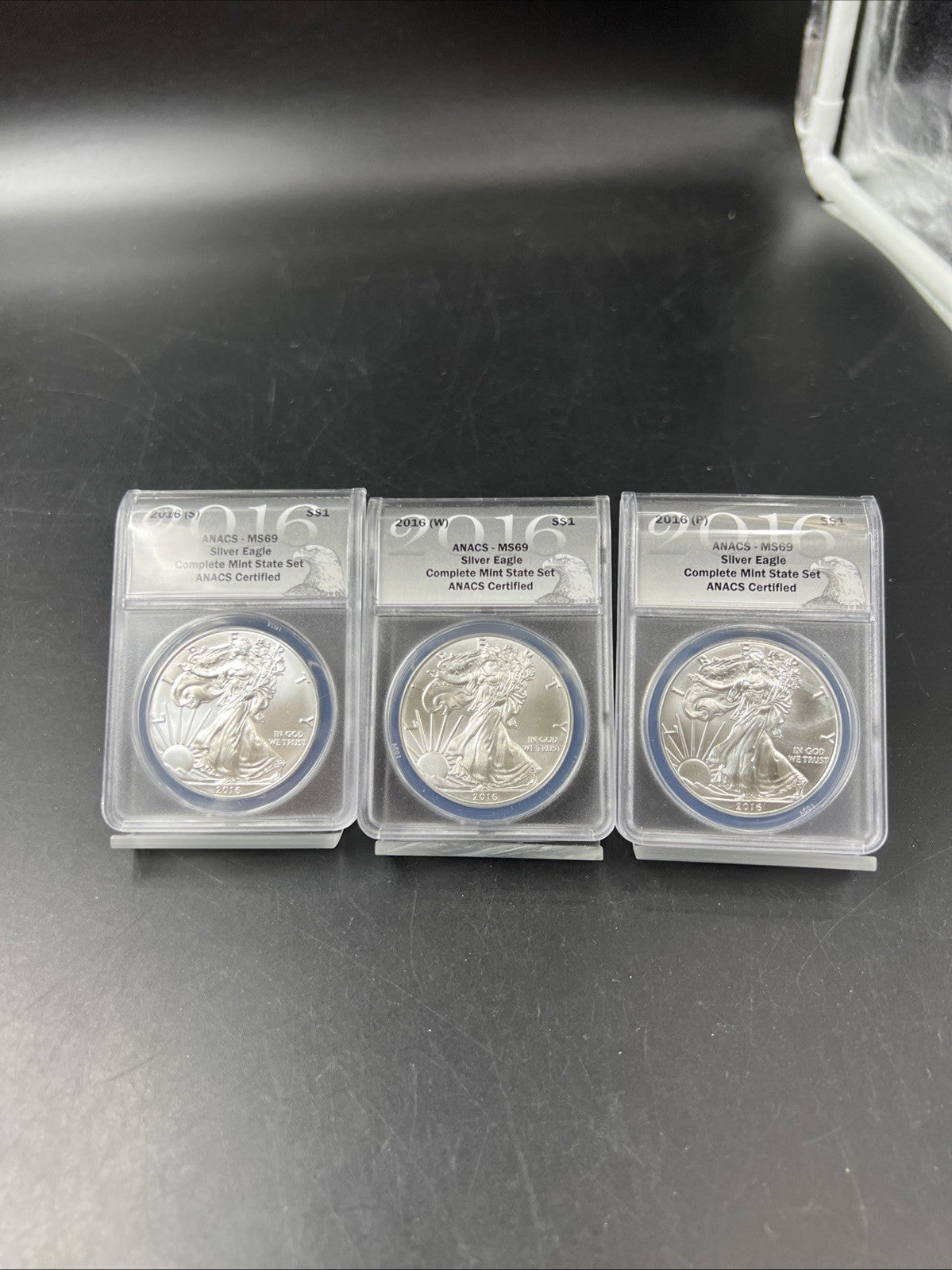 3 Coin 2016 W S P ASE Mint Mark Set 1 oz American Silver Eagle Coin ANACS MS69