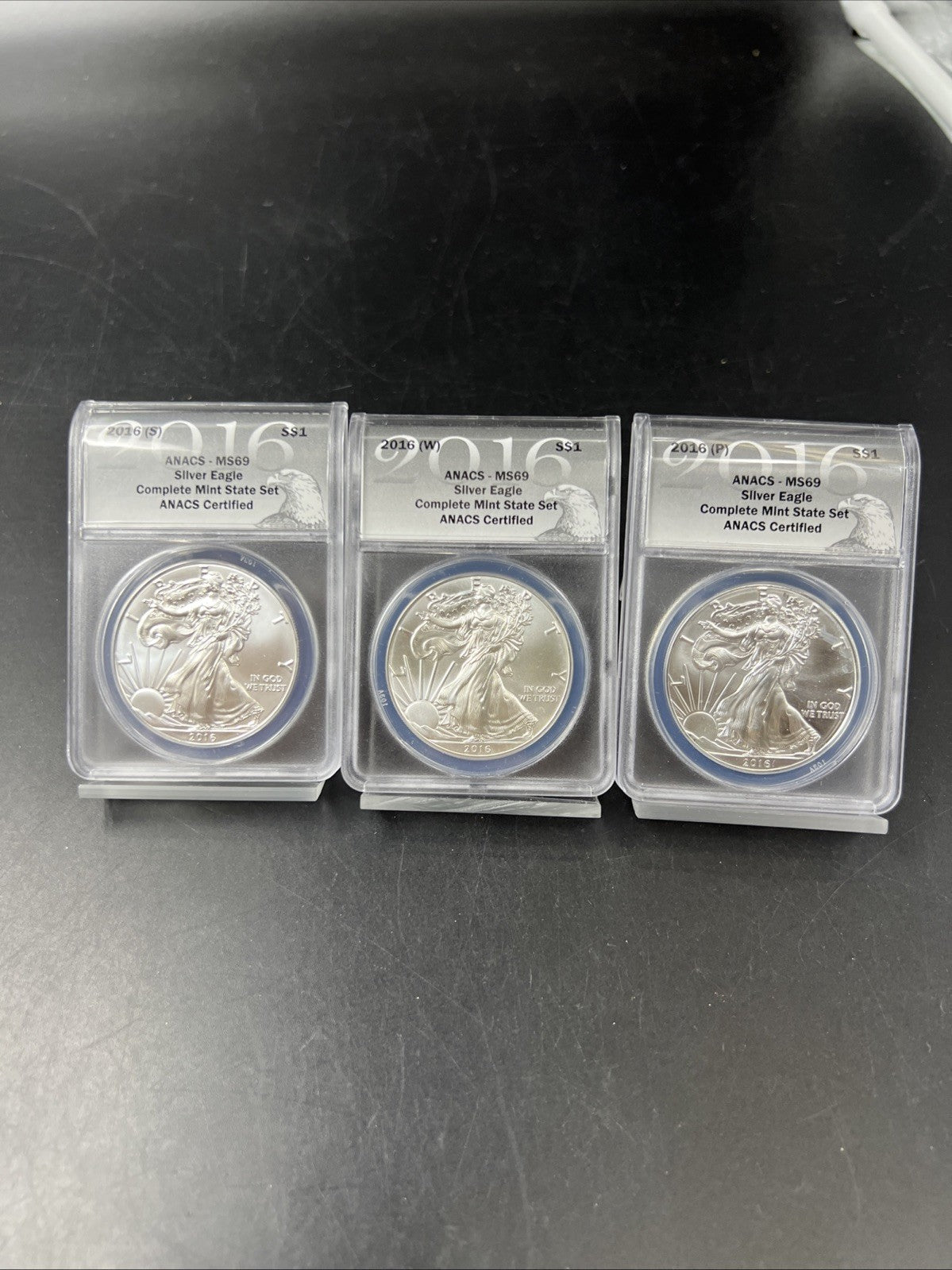 3 Coin 2016 W S P ASE Mint Mark Set 1 oz American Silver Eagle Coin ANACS MS69