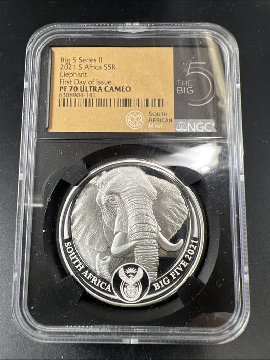 2021 S South Africa Big 5 Series Elephant 1 oz Silver Coin PF70 UCAM NGC